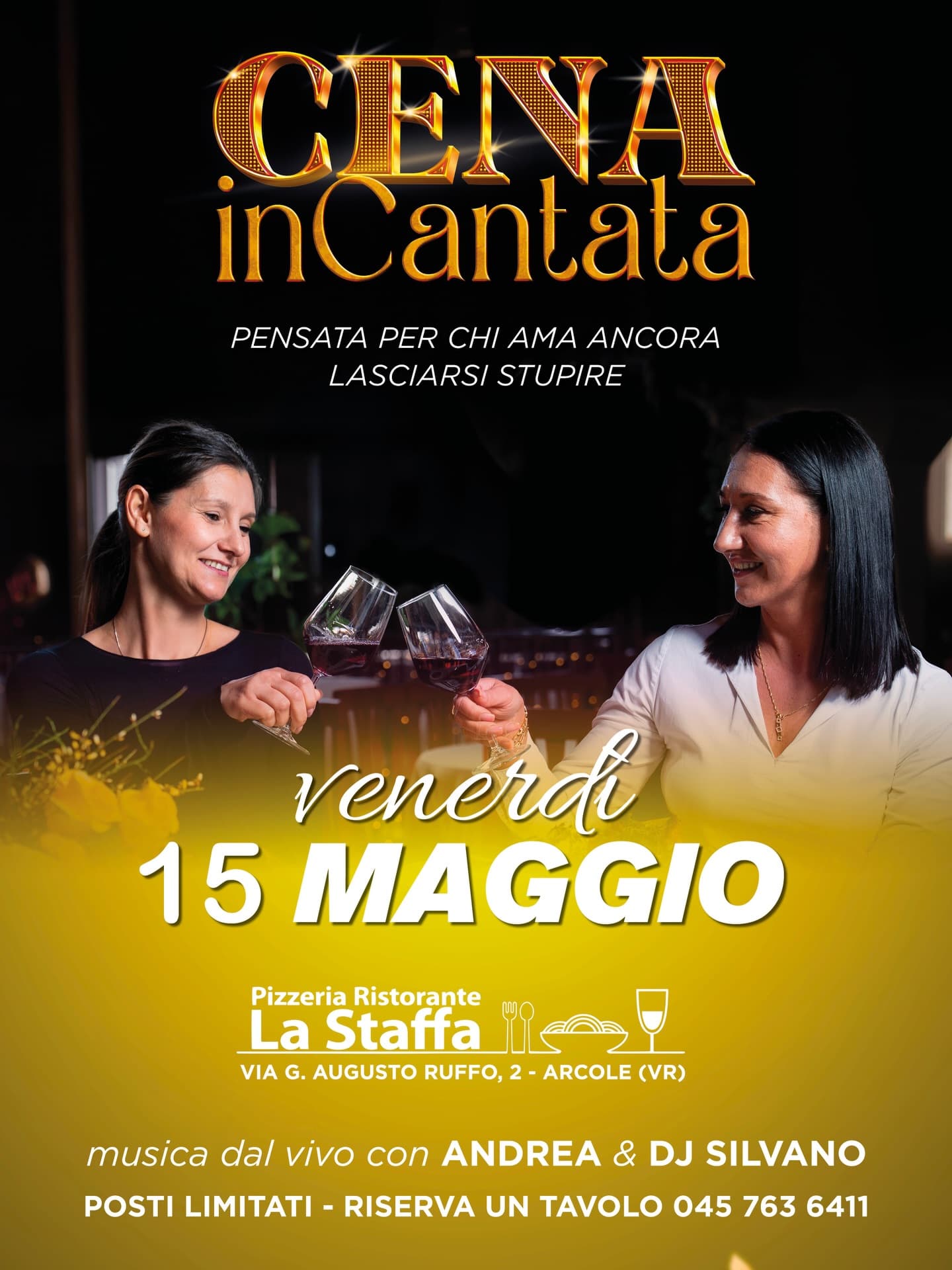 Locandina Cena inCantata — venerdì 15 maggio alla Pizzeria Ristorante La Staffa